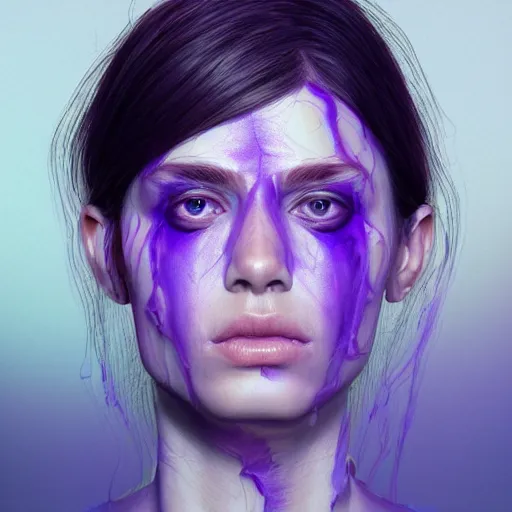 Image similar to face with lines of purple goo hyperrealistic portrait, photo realistic, poster, artstation, volumetric lighting, digital art, very detailed face by magali villeneuve