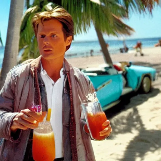 Image similar to marty mcfly drinking a mojito on the beach