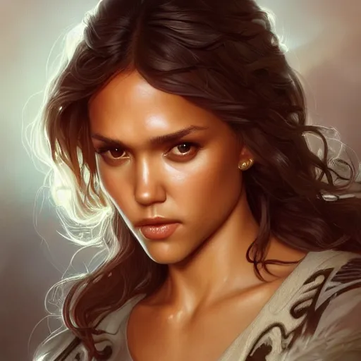 Image similar to beautiful young jessica alba, closeup, d & d, fantasy, intricate, elegant, highly detailed, digital painting, artstation, concept art, matte, sharp focus, illustration, art by artgerm and greg rutkowski and alphonse mucha