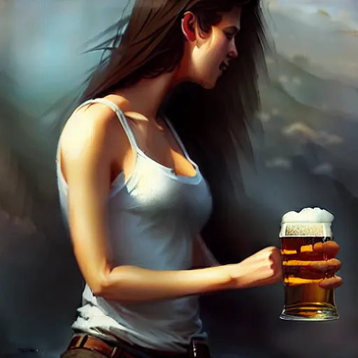 Prompt: a girl drinking beer, detailed digital art by greg rutkowski.