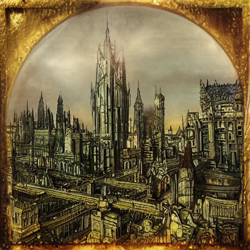 Image similar to A beautiful painting of a cityscape. The different colors and shapes represent different parts of the city. daguerreotype, bismuth by Chris Mars, by Arthur Rackham Trending on artstation, vfx