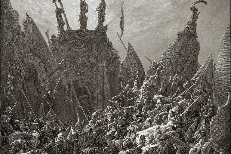 Image similar to highly detailed painting of the gate - in the shape of a book, don quixote runs out, symmetrical, masterpiece, highly detailed painting by gustave dore