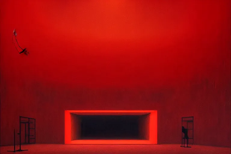 Image similar to only with red, netflix studios with workers, a big mickey mouse head in the middle of the room, in the style of beksinski, parts by edward hopper, parts by rodcenko, parts by yue minjun, intricate and epic composition, red by caravaggio, insanely quality, highly detailed, masterpiece, red light, artstation, 4 k