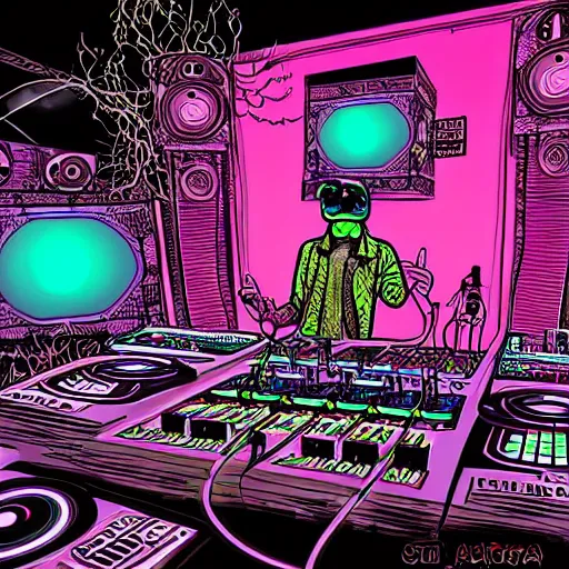 Image similar to intricate detailed artwork of a futuristic hardstyle music dj at an festival indoor rave, stage, in the style of Geof Darrow, VR headset, wires, speakers, neon