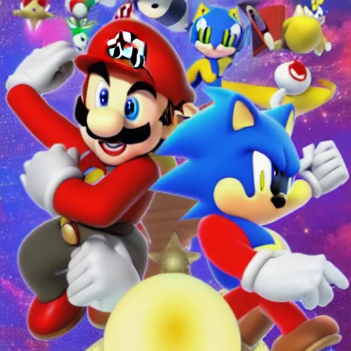 Image similar to super mario, kirby, sonic the hedgehog, super smash bros, star wars themed movie poster high detail accurate eyes and good gesture poses, pokemon anime cartoon style