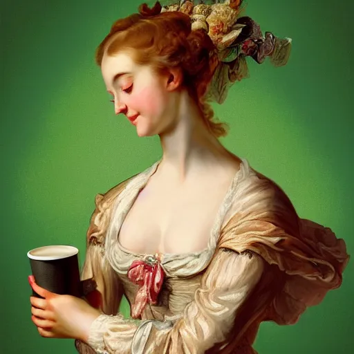 Image similar to heavenly summer sharp land sphere scallop well dressed lady holding a starbucks coffee cup, auslese, by peter paul rubens and eugene delacroix and karol bak, hyperrealism, digital illustration, fauvist, starbucks coffee cup green logo