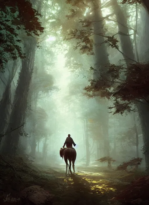 Prompt: a man walking through a forest with a horse, a detailed matte painting by jordan grimmer, cgsociety, fantasy art, matte painting, 2 d game art, volumetric lighting