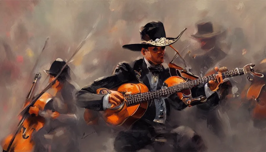 Image similar to mariachi, cinematic shot, concept art oil painting by jama jurabaev, extremely detailed, brush hard, artstation, high quality, brush stroke