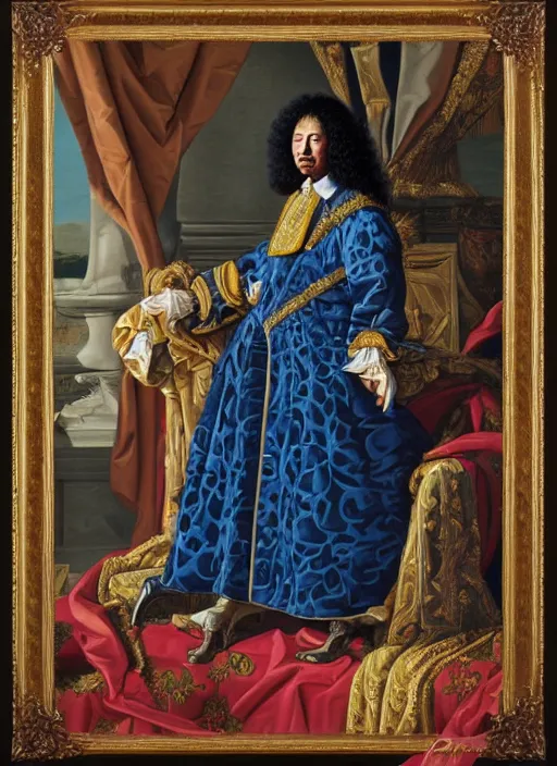 Prompt: beautiful oil painting portrait of Louis xiv of France in coronation robes by Dan Mumford, Alex grey, hyacinthe rigaurd 1701