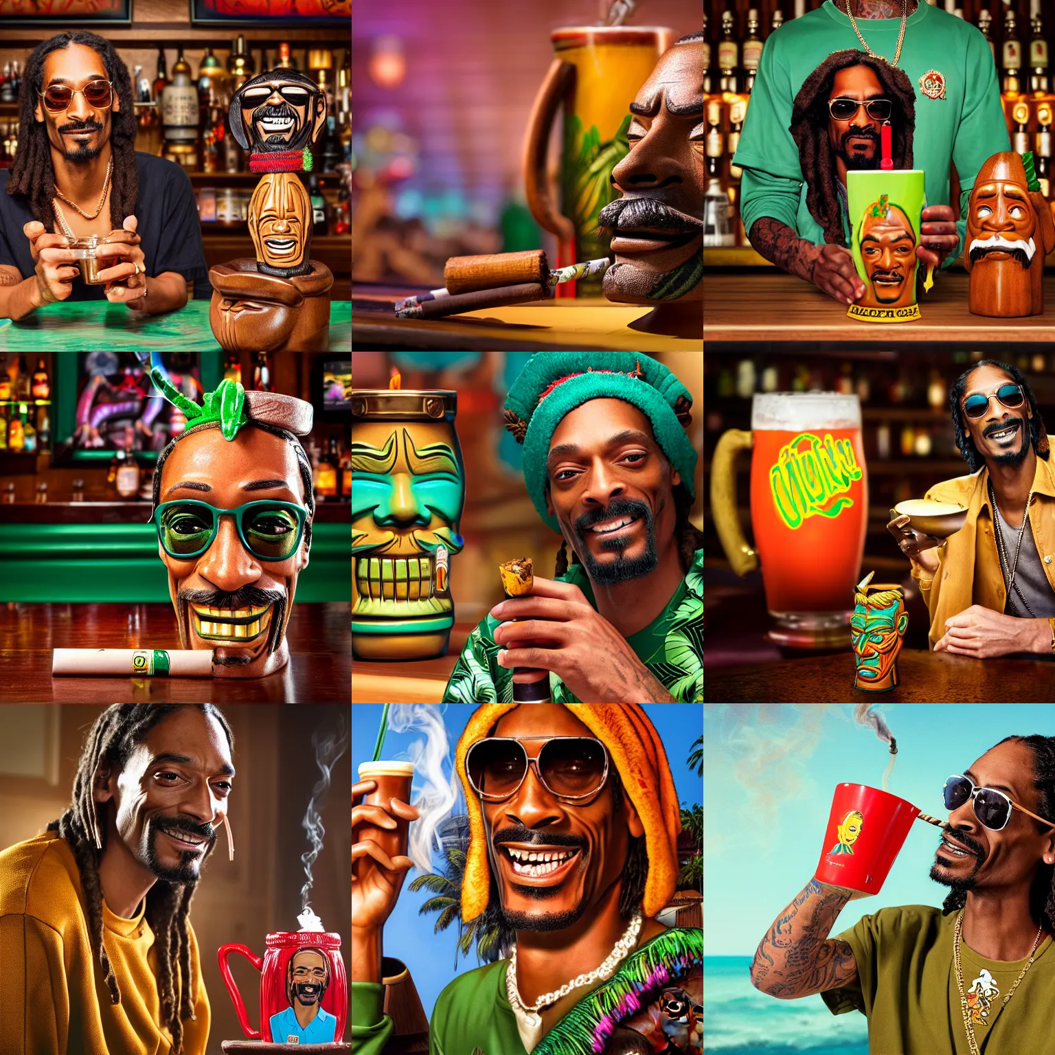 Image similar to a closeup photorealistic photograph of happy blunt smoking snoop dogg at trader vic's bar sitting next to a trader vic's style tiki mug featuring snoop dogg's face. tiki culture. bright scene. 4 k hd image that's trending on artstation, featured on behance, well rendered, extra crisp, features epic composition and the style of unreal engine.