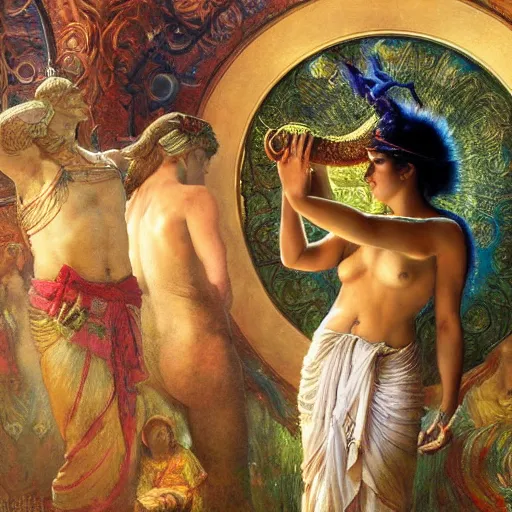 Image similar to shiva with high tec vr headset, painting by gaston bussiere, craig mullins, j. c. leyendecker, lights, art by ernst haeckel, john william godward, hammershøi,