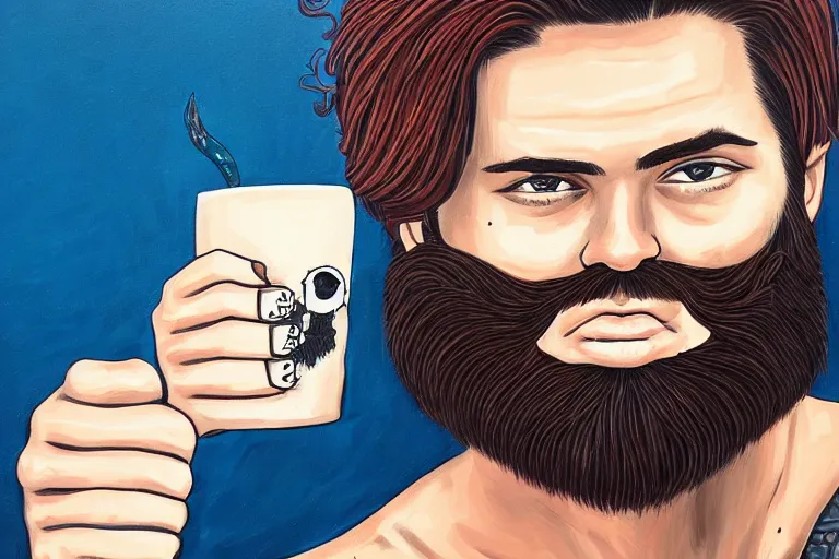 Image similar to a young man holding a beer giving a thumbs up with a long beard, detailed, uncropped, painted by Harumi Hironaka