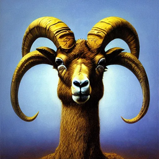 Image similar to Angry Yellow Bighorn Sheep portrait, dark fantasy, blue, artstation painted by Zdzisław Beksiński and Wayne Barlowe