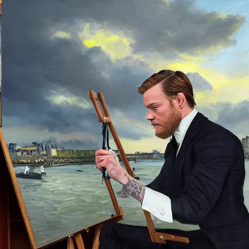 Image similar to mcgregor is dressed as a gentleman at early 2 0 th century paris. he is watching an easel. that easel has a canvas on it. ewan mcgregor has a brush on his hand. he is painting a painting. there is a small brown cat with yellow eyes on ewan mcgregors feet. on background has river seine, morning sun, dark clouds, lightning, matte painting