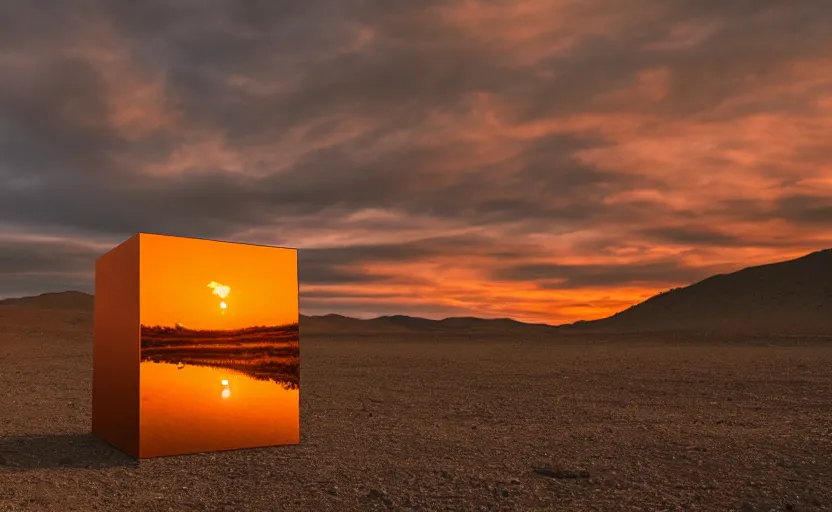 Prompt: giant black reflecting metal cube, standing in the mojave desert, dawn, orange sky, dslr photo, cinematic