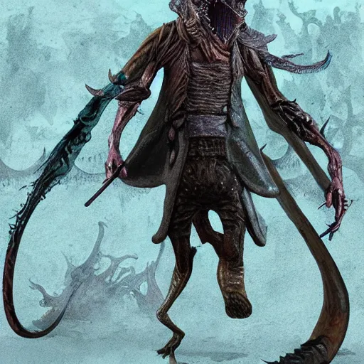 Image similar to A mudskipper as a Bloodborne hunter