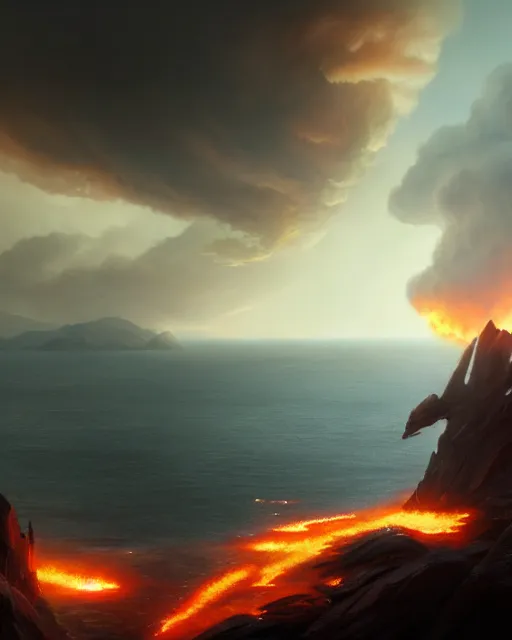 Prompt: matte painting,Epic scene, Fire Phoenix,sea,cloud,by greg rutkowski and Richard Lay,in volumetric lighting, Trending on artstation,HD