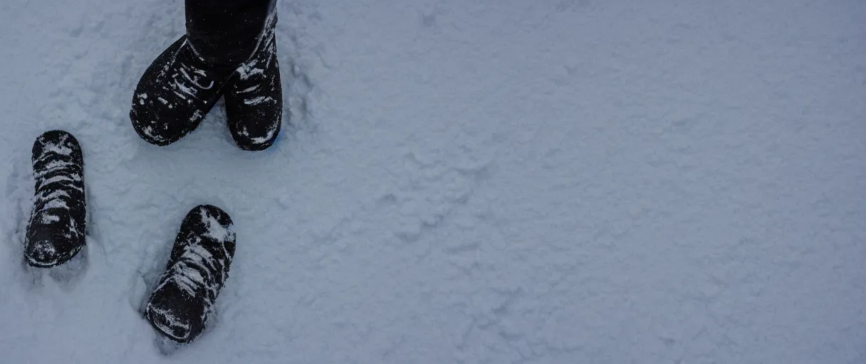 Prompt: top view extreme closeup movie like 3 5 mm film photograph of the silhouette of a man's boots walking through the antarctic snow during a heavy blizzard