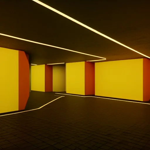 Image similar to noisy color photograph of a retrofuturist liminal space, dark pit, deformations, minimalist, cinematic, soft vintage glow, unreal engine