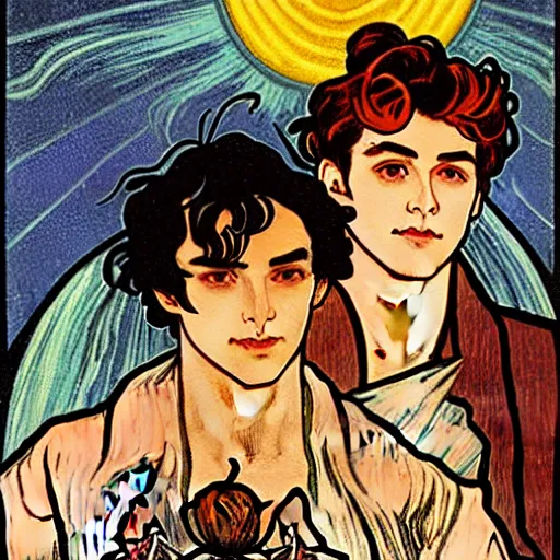 Prompt: tarot card of young cute handsome beautiful dark medium wavy hair man in his 2 0 s named shadow taehyung and cute handsome beautiful min - jun together at the halloween party, bubbling cauldron, candles, smoke, autumn colors, elegant, stylized, soft facial features, delicate facial features, art by alphonse mucha, vincent van gogh, egon schiele