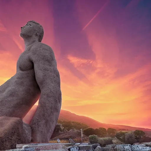 Image similar to a giant stone statue of the greek lambda symbol, epic sunset skies in the background, highly detailed digital art by jullie bell