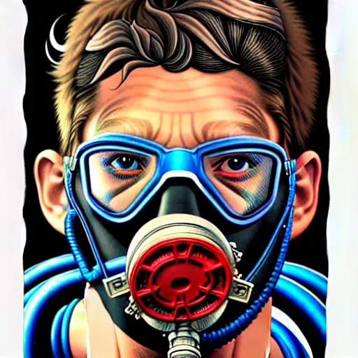Prompt: portrait of a male diver with a oxygen mask intricate details mask by MARVEL comics and Sandra Chevrier