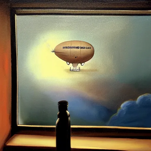 Image similar to oil painting with dramatic lighting : the view from the windows of the hindenburg blimp right before it exploded. there are no blimps in the picture because we are inside it, looking down at the ground. the woman looking down and out the window is sitting at a table drinking coffee.