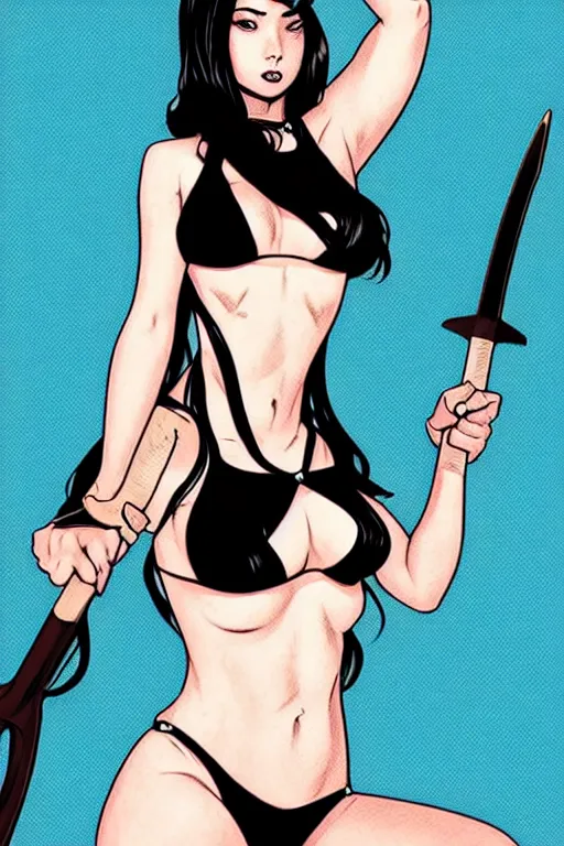 Prompt: comic cover art of a petite bikini girl holding a battleaxe and sitting on a black 1 9 6 3 corvette, by jenny frison and sana takeda, intricate details, stunning inking lines, stunning gradient colors, 4 k, hd, artstation