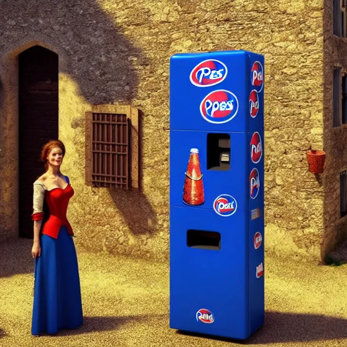 Image similar to pepsi vending machine outside a medieval house in a village. a woman is standing next to the vending machine. perfect faces, extremely high details, realistic, cinematic, octane render, masterpiece, artstation contest winner, art by johannen voss, frank frazetta