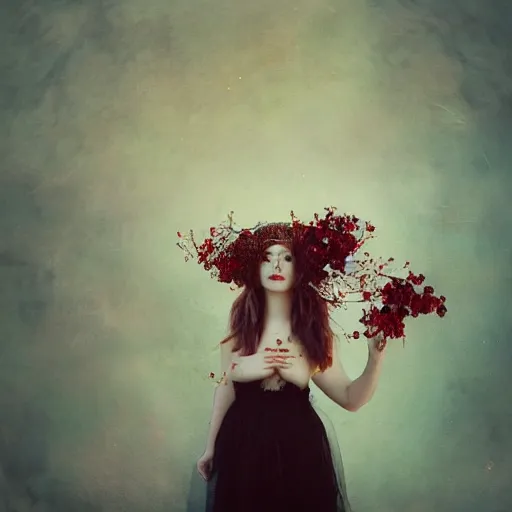 Image similar to full body fine art photo of the most beautiful woman, she has a crown of dried roses, by oleg oprisco