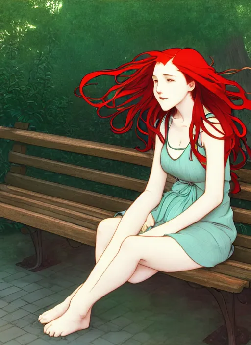 Image similar to pretty young woman with long red hair sitting on a park bench under bright moonlight, path traced, highly detailed, high quality, digital painting, by studio ghibli and alphonse mucha, leesha hannigan, makoto shinkai, disney