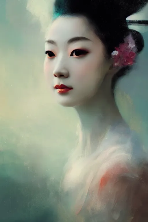 Image similar to geisha prima ballerina, gorgeous, ethereal, close - up portrait, intricate, elegant, volumetric lighting, scenery, digital painting, highly detailed, artstation, sharp focus, illustration, concept art, ruan jia, steve mccurry