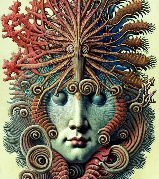 Image similar to hyperrealistic detailed underwater face portrait of the beautiful god of the fish with an intricate headgear of corals, sea kelp, sea plants, fish, starfish, jellyfish, art by ernst haeckel, james jean, john william godward, gothic, neo - gothic, ornamental, beautiful deep colours,