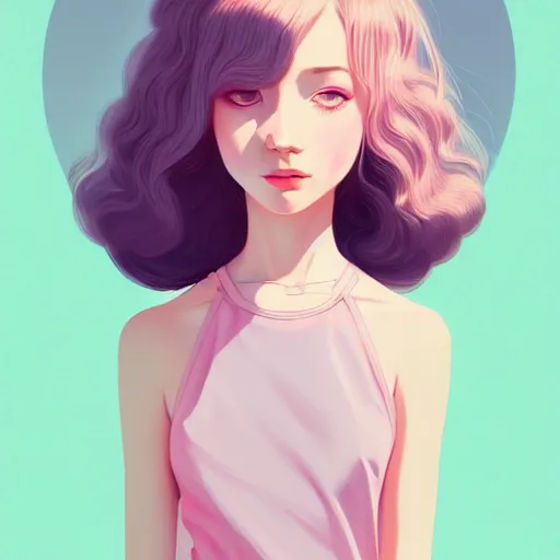 Image similar to young female in summer dress art, pastel light pink long hair, muted colors, matte print, pastel colors, ornate, digital art, digital painting, fan art, elegant, artstation, head is centered, by Ilya Kuvshinov