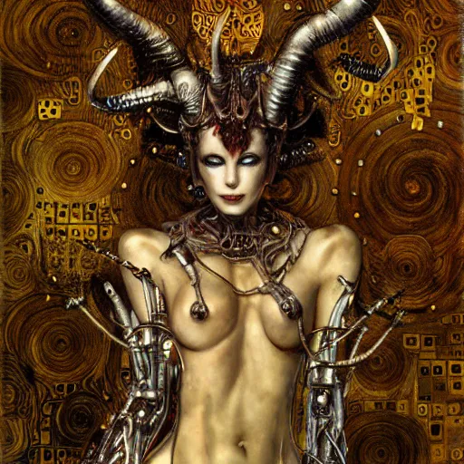 Prompt: horned cybernetic demon trapped in circuitry, intricate detail, klimt, royo, whealan,