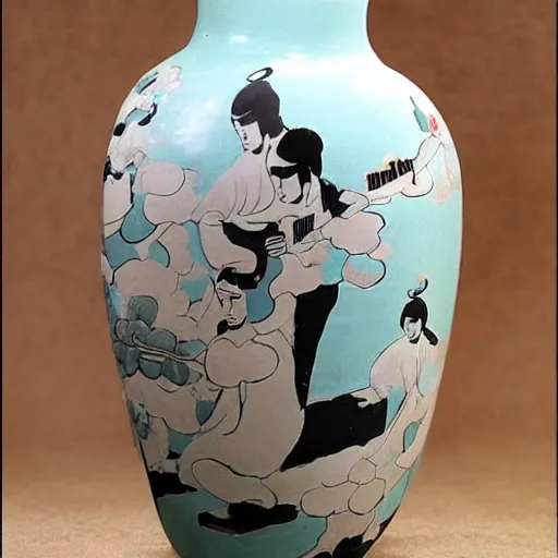 Prompt: vase work, vase art of The beatles in art style of chinese art, fragmented clay firing chinese vase with an The beatles, chinese art!!!!! chinese art