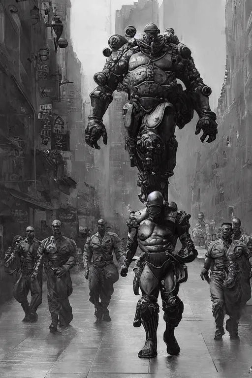 Image similar to soldiers on city street accompany martyn ford as a huge bipedal martian with bulbous torso wearing armour, painted by ruan jia, raymond swanland, lawrence alma tadema, zdzislaw beksinski, norman rockwell, jack kirby, tom lovell, alex malveda, greg staples