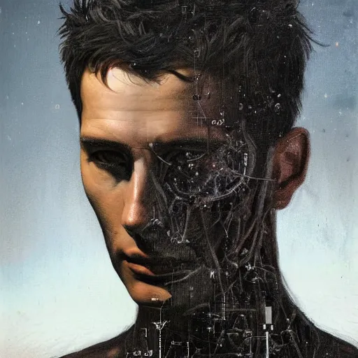 Image similar to surreal portrait of a man by Greg Rutkowski, symmetrical face, he is about 30 years old, short black hair with bangs, his features are a mix between French, Turkish and Russian, transformed into a kind of biomechanical transhuman god, uncany but fascinating, expression of epiphany and determination, cosmic void background, frightening, fascinating, highly detailed portrait, digital painting, book cover, artstation, concept art, smooth, sharp foccus ilustration, Artstation HQ