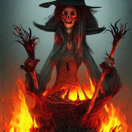 Image similar to witch on a fire burning pyre of bones, horror. dark gothic, artstation