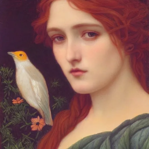 Prompt: Beautiful Pre-Raphaelite goddess of nature holding a little bird, in the style of John William Godward and Anna Dittman, close-up portrait, head in focus, flowers and plants, etheric, moody, intricate, mystical,