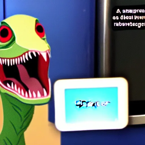 Prompt: still from a velociraptor's vlog, the velociraptor complaining about his samsung refrigerator