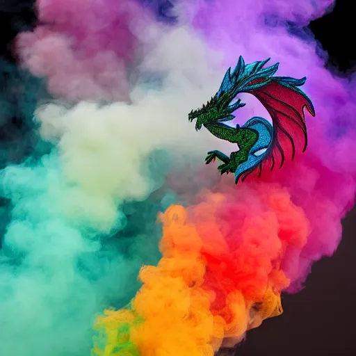 Image similar to multi color smoke with the small ( outstretched ribbed wings and head of a fairytale dragon ), billowy, 8 k, 4 k