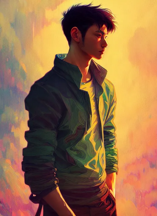 Image similar to handsome gojo, half body shot, path traced, highly detailed, high quality, digital painting, alena aenami, lilia alvarado, shinji aramaki, karol bak, alphonse mucha, tom bagshaw