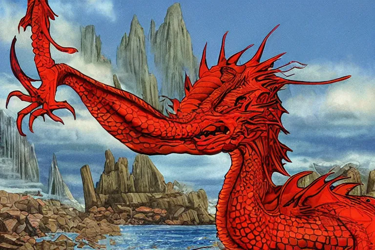 Image similar to red scaled dragon mascot for a fish restaurant by larry elmore and vincent di fate