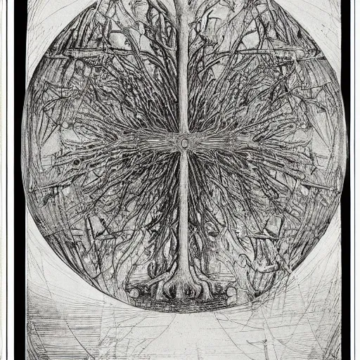 Prompt: leonardo da vinci color intricate full page scan artistic drawing of the world tree, on paper, black ball pen style, :: ultra-detailed technical precision :: mixed media with white and silver lines, realistic composition, point of interest at golden ratio, light from right, more darkness on the bottom, monumentally art composition, high quality of sketching with subtle hairlines, highly detailed rounded forms, inside out and outside in, octane render