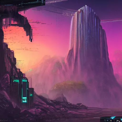 Image similar to ancient ruins and waterfalls, retrowave art, cyberpunk, trending on art station