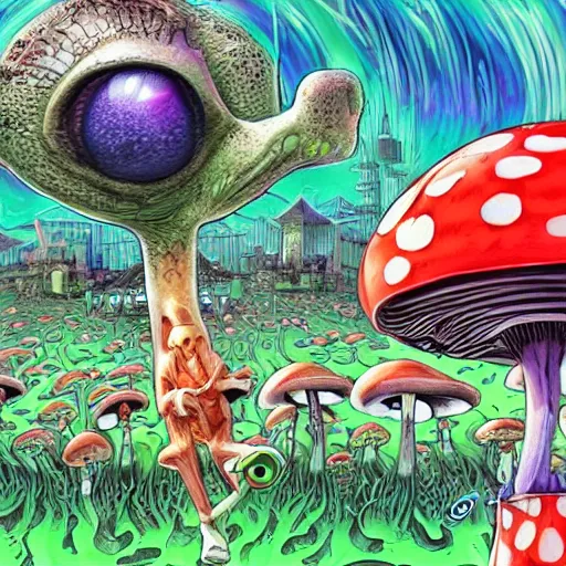 Image similar to A close up pfp of a horrifying psychedelic godlike anthropomorphic frog smoking an anime blunt , magic mushroom village in background . award winning. superb resolution. in the art style of junji Ito and greg rutkowski . Detailed Mushroom city in background. Hyper realistic anime. Perfect art. Dalle2