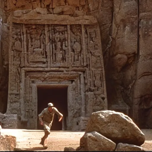 Image similar to Indiana Jones running from rolling boulder trap in ancient temple, raiders of the lost ark movie scene