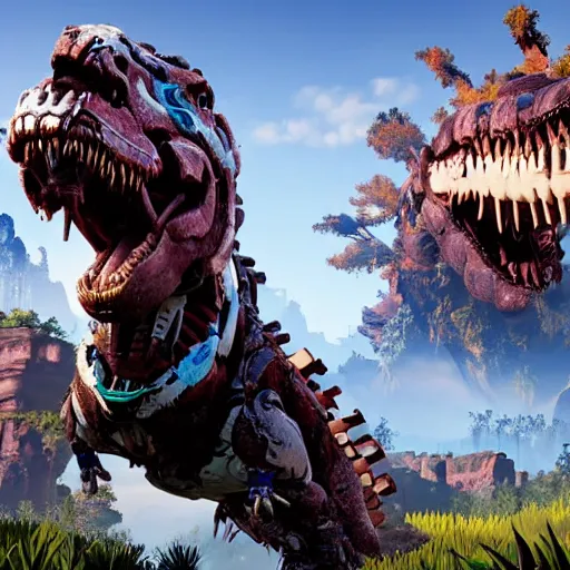 Image similar to gameplay of horizon zero dawn, six - fi mechanical tyrannosaurus rex, highly detailed