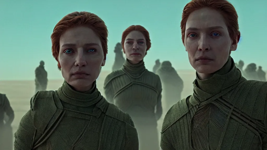 Image similar to colour aesthetic highly detailed photography of characters in action scene, characters with hyperrealistic highly detailed faces. from dune ( 2 0 2 1 ) by alejandro hodorovski and denis villeneuve and gregory crewdson style with many details by mike winkelmann and vincent di fate in sci - fi style. volumetric natural light hyperrealism photo on red dsmc 3 system